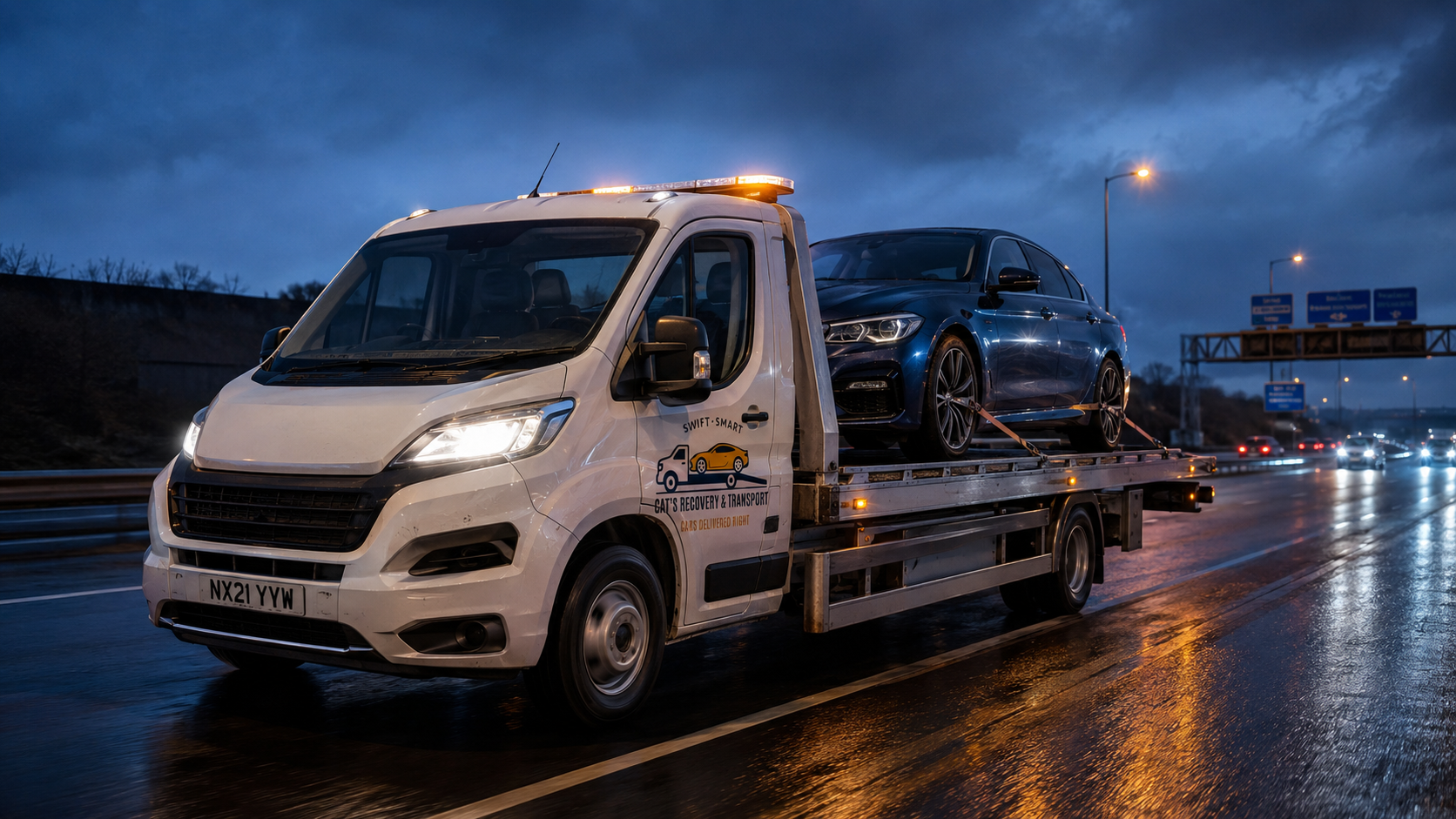 UK flatbed recovery truck on a wet motorway at dusk