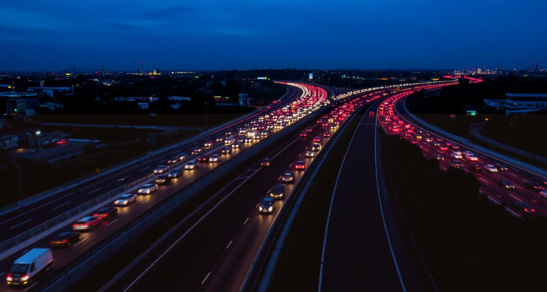 M25 motorway around London at dusk